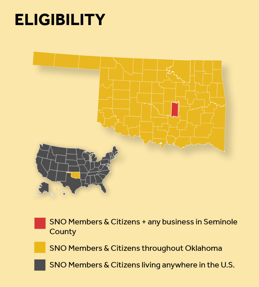 map that shows that any business in Seminole County, and any Seminole member or citizen living anywhere in the US is eligible.